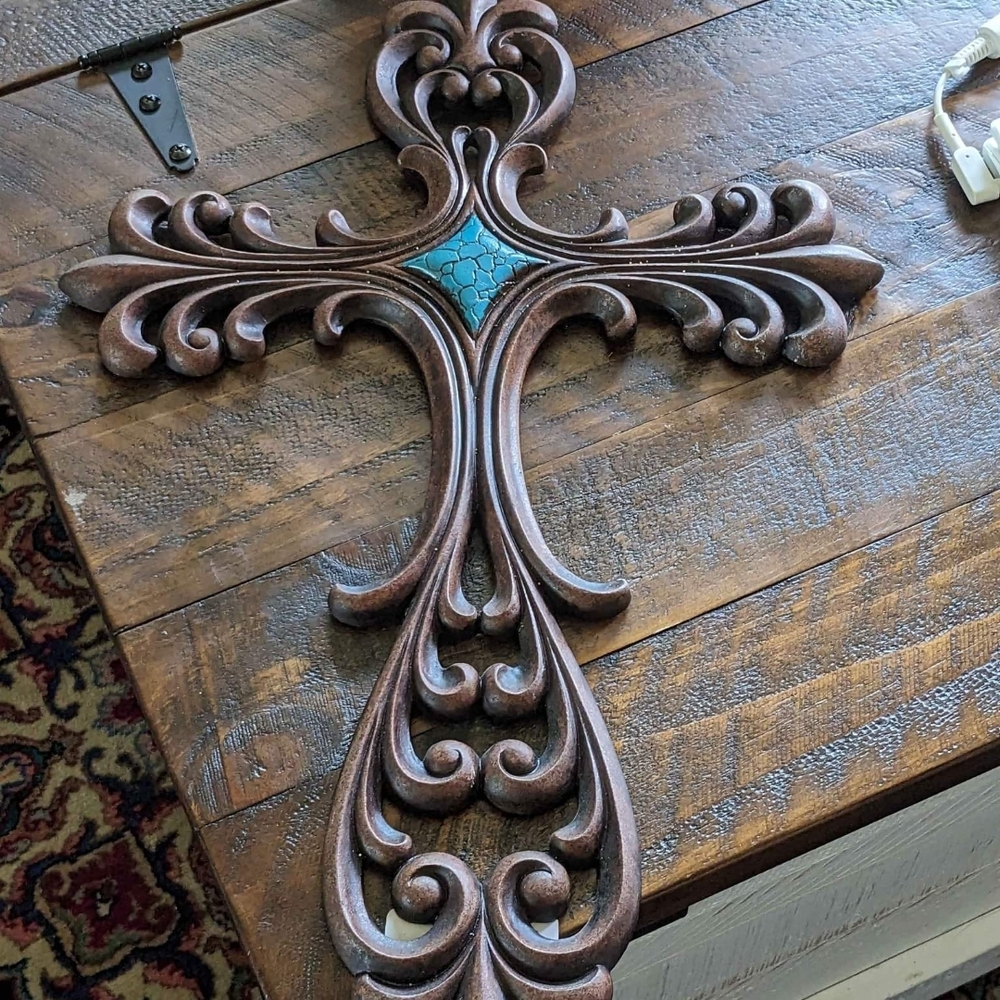 Gorgeous Ornate Victorian Style Wooden Cross With Blue Turquoise Like Stone.